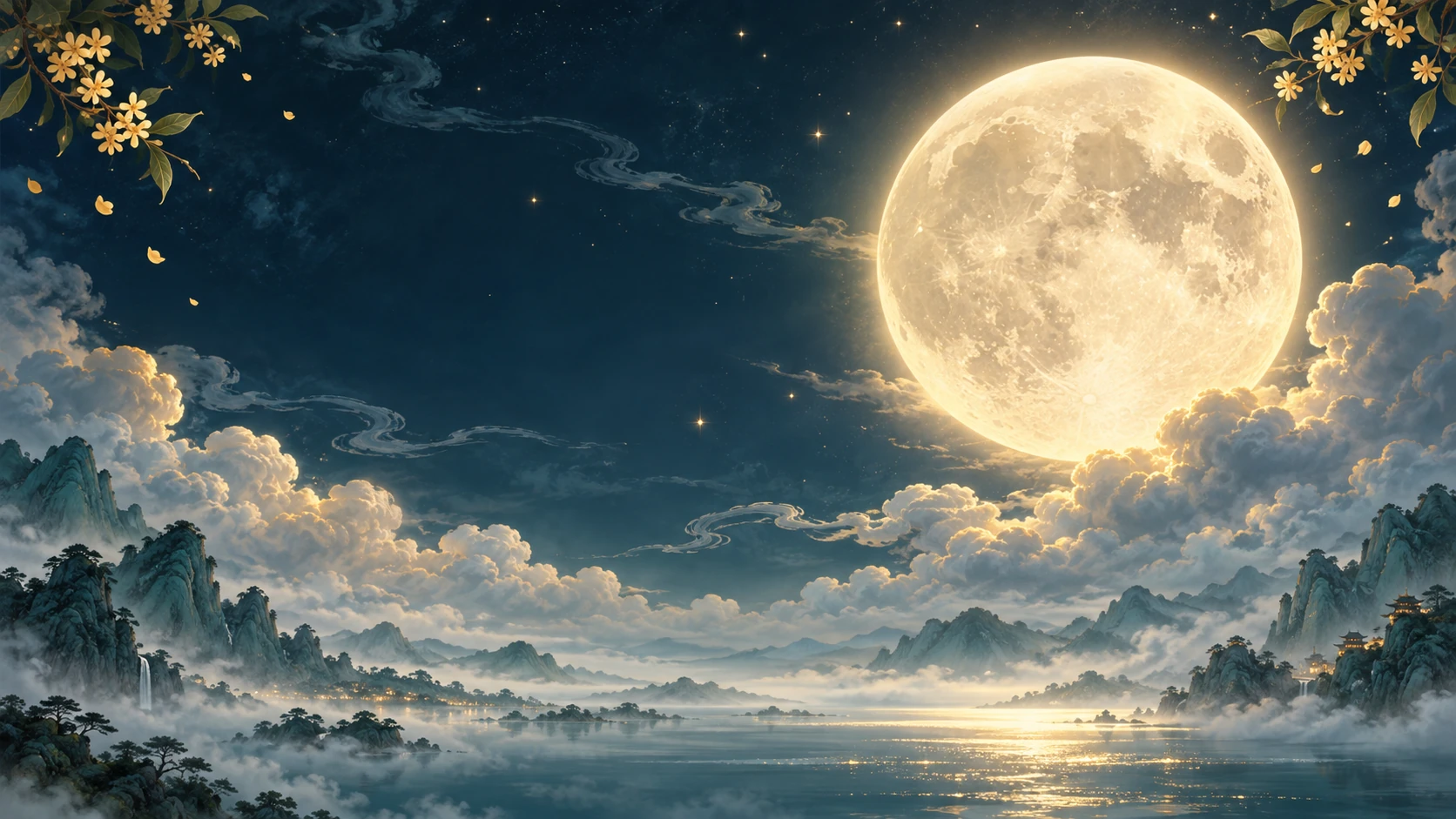 金色滿月映照著夜空、雲海與山水